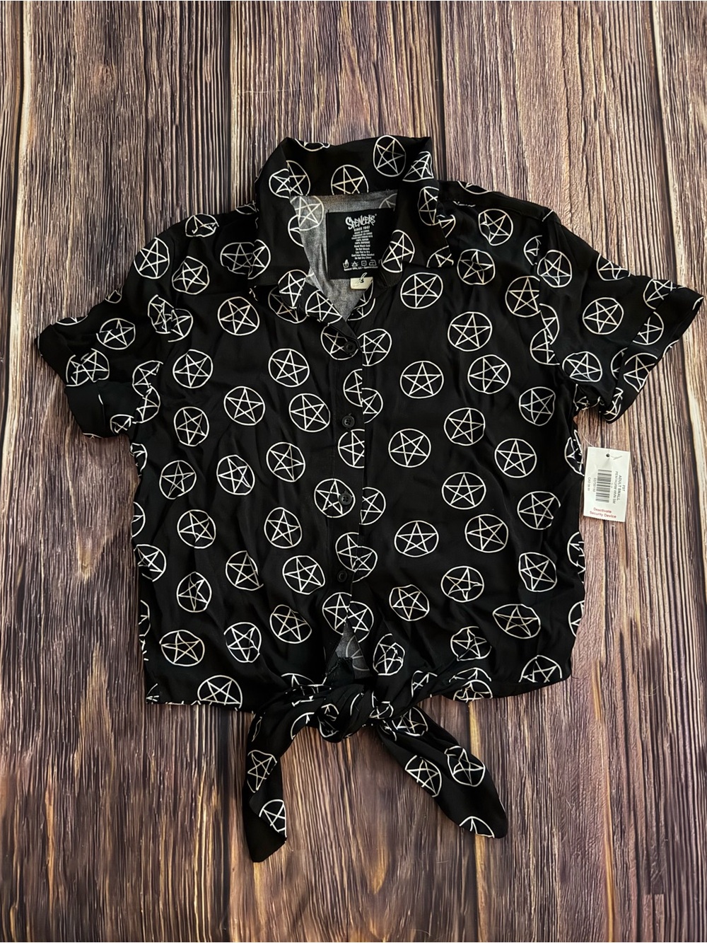 Spencer's Black Tie-Front Button-Up Top with White Pentagram Print